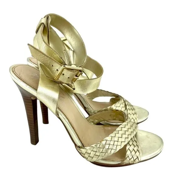 Marc Fisher Cari Gold Leather Open Toe High Heel Sandals Pumps Shoes SZ 7.5