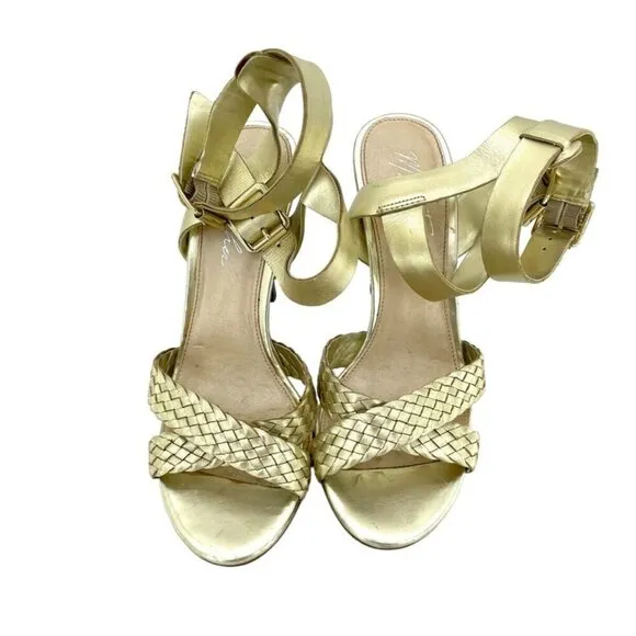 Marc Fisher Cari Gold Leather Open Toe High Heel Sandals Pumps Shoes SZ 7.5