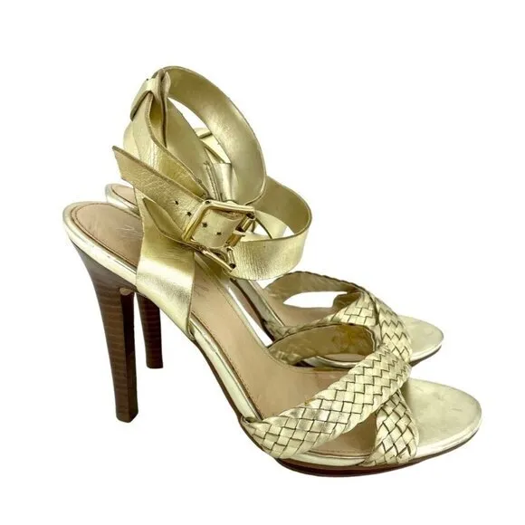 Marc Fisher Cari Gold Leather Open Toe High Heel Sandals Pumps Shoes SZ 7.5