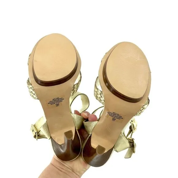 Marc Fisher Cari Gold Leather Open Toe High Heel Sandals Pumps Shoes SZ 7.5