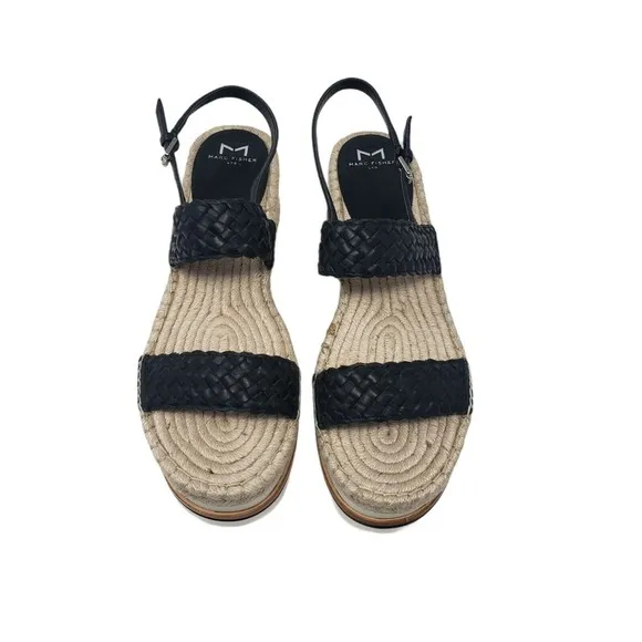 Marc Fisher Gabli Leather Braided Straps Platform Wedge Sandal Black Size 10 NEW