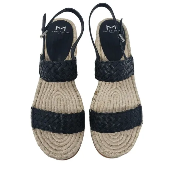 Marc Fisher Gabli Leather Braided Straps Platform Wedge Sandal Black Size 10 NEW
