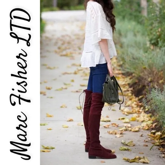 MARC FISHER LTD Yuna Burgundy Red Over the Knee Faux Suede Boot, Size 6M
