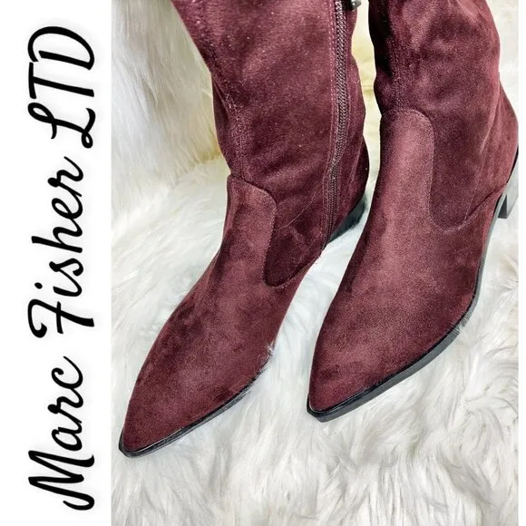 MARC FISHER LTD Yuna Burgundy Red Over the Knee Faux Suede Boot, Size 6M