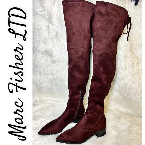 MARC FISHER LTD Yuna Burgundy Red Over the Knee Faux Suede Boot, Size 6M