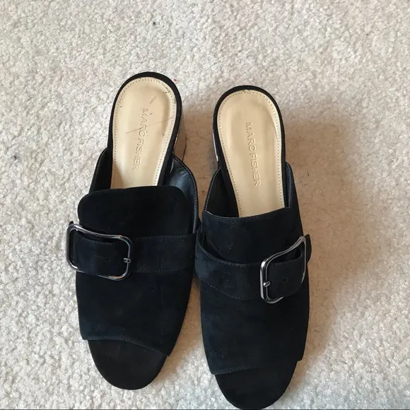 Marc Fisher Mirrored Heel Buckle Peep Toe Slide Shoes