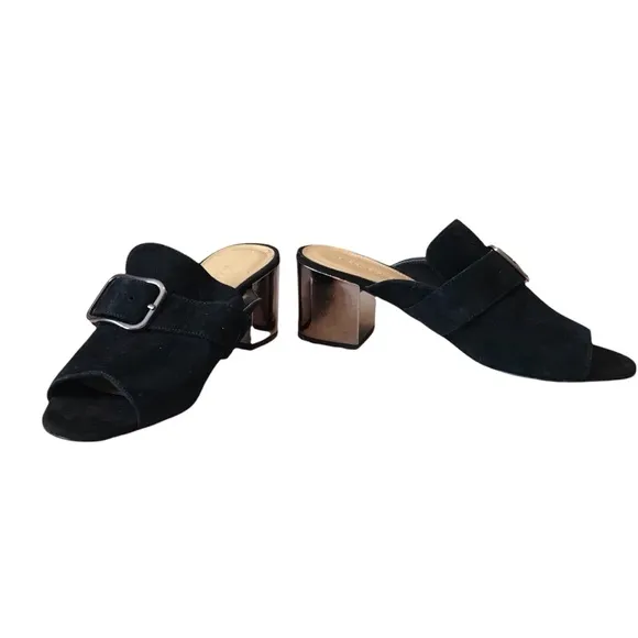 Marc Fisher Mirrored Heel Buckle Peep Toe Slide Shoes