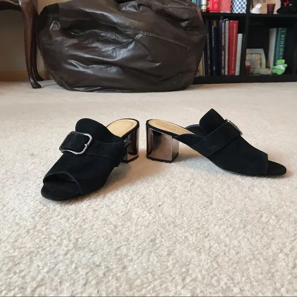 Marc Fisher Mirrored Heel Buckle Peep Toe Slide Shoes