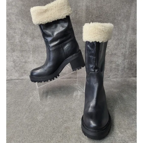 Marc Fisher Moto Boots Womens 7M Shearling Collar Leather Chunk Heel