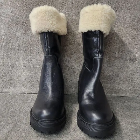 Marc Fisher Moto Boots Womens 7M Shearling Collar Leather Chunk Heel