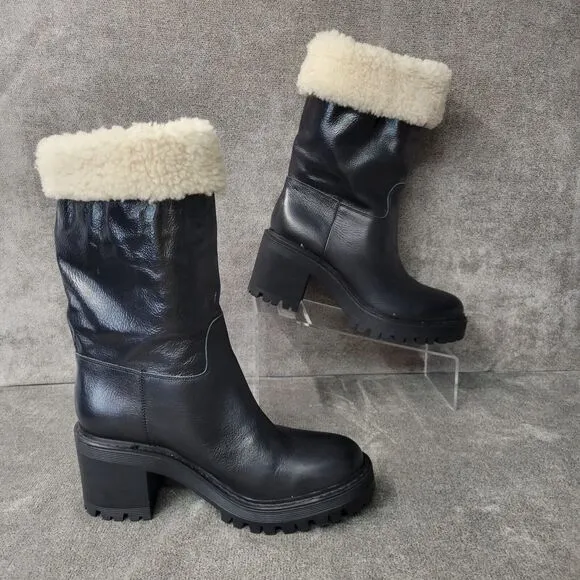 Marc Fisher Moto Boots Womens 7M Shearling Collar Leather Chunk Heel
