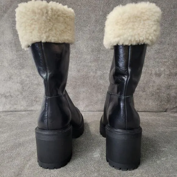 Marc Fisher Moto Boots Womens 7M Shearling Collar Leather Chunk Heel