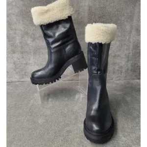 Marc Fisher Moto Boots Womens 7M Shearling Collar Leather Chunk Heel
