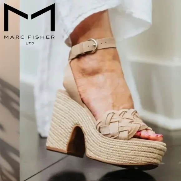 MARC FISHER Odilia Leather Upper Jute- Wrapped Platform Espadrille Wedge Sandals