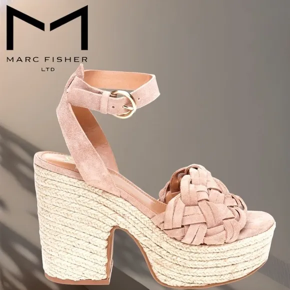 MARC FISHER Odilia Leather Upper Jute-Wrapped Platform Espadrille Wedge Sandals