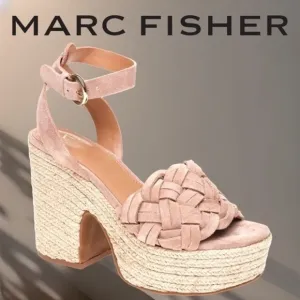 MARC FISHER Odilia Leather Upper Jute- Wrapped Platform Espadrille Wedge Sandals