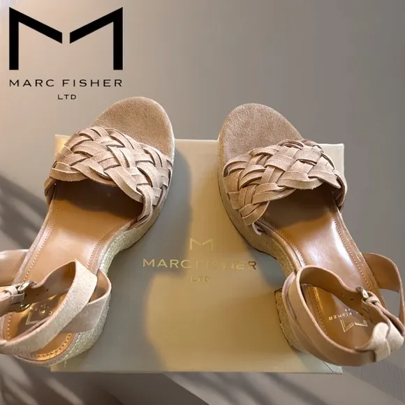 MARC FISHER Odilia Leather Upper Jute- Wrapped Platform Espadrille Wedge Sandals