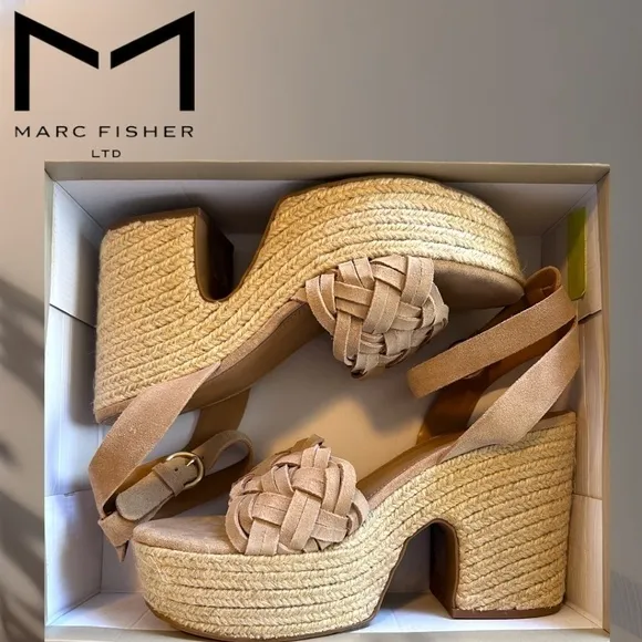 MARC FISHER Odilia Leather Upper Jute- Wrapped Platform Espadrille Wedge Sandals