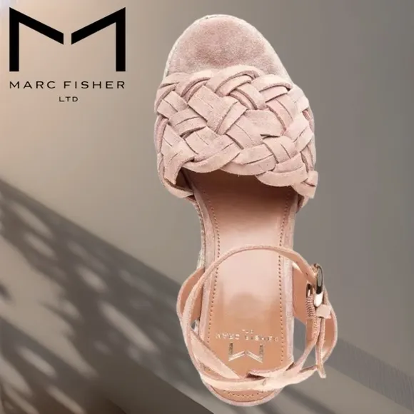 MARC FISHER Odilia Leather Upper Jute- Wrapped Platform Espadrille Wedge Sandals
