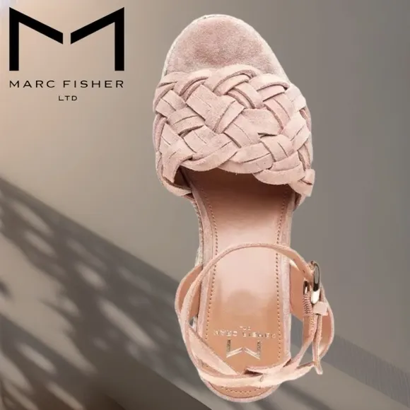 MARC FISHER Odilia Leather Upper Jute-Wrapped Platform Espadrille Wedge Sandals
