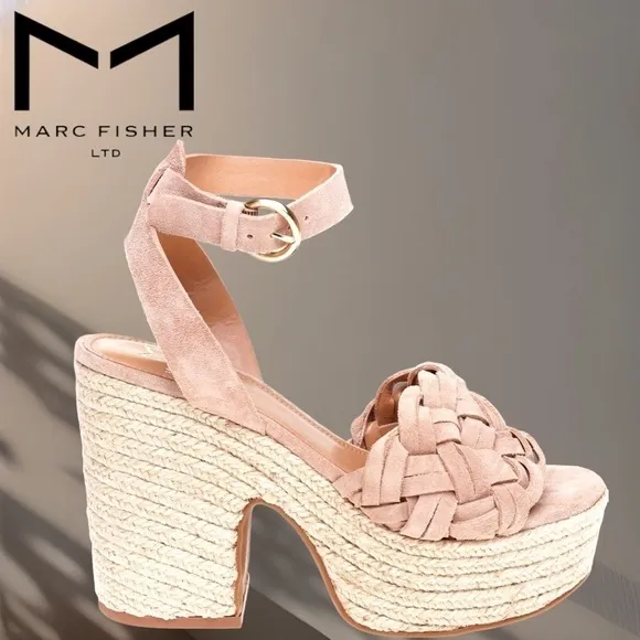 MARC FISHER Odilia Leather Upper Jute- Wrapped Platform Espadrille Wedge Sandals