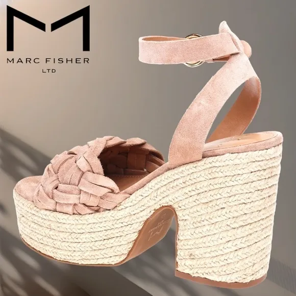 MARC FISHER Odilia Leather Upper Jute- Wrapped Platform Espadrille Wedge Sandals