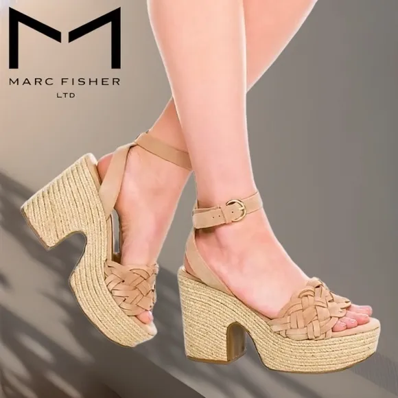 MARC FISHER Odilia Leather Upper Jute- Wrapped Platform Espadrille Wedge Sandals