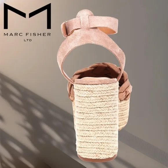 MARC FISHER Odilia Leather Upper Jute- Wrapped Platform Espadrille Wedge Sandals
