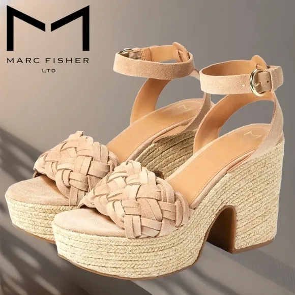MARC FISHER Odilia Leather Upper Jute- Wrapped Platform Espadrille Wedge Sandals