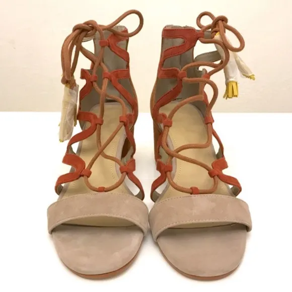 Marc Fisher Rays Lace Up gilly block heel sandal Taupe Brown Suede
