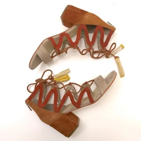 Marc Fisher Rays Lace Up gilly block heel sandal Taupe Brown Suede