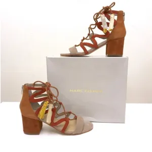 Marc Fisher Rays Lace Up gilly block heel sandal Taupe Brown Suede