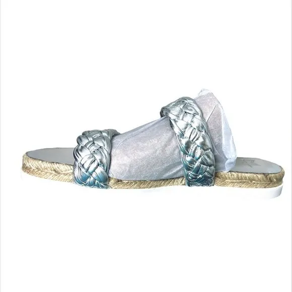 Marc Fisher Womens Silver Leather Espadrille Platform Slide Sandals Sz 8.5 NIB