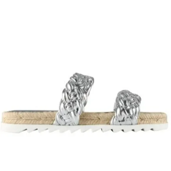 Marc Fisher Womens Silver Leather Espadrille Platform Slide Sandals Sz 8.5 NIB