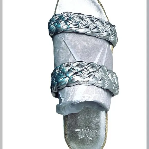 Marc Fisher Womens Silver Leather Espadrille Platform Slide Sandals Sz 8.5 NIB