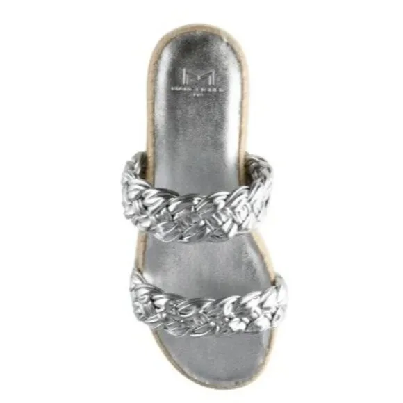 Marc Fisher Womens Silver Leather Espadrille Platform Slide Sandals Sz 8.5 NIB
