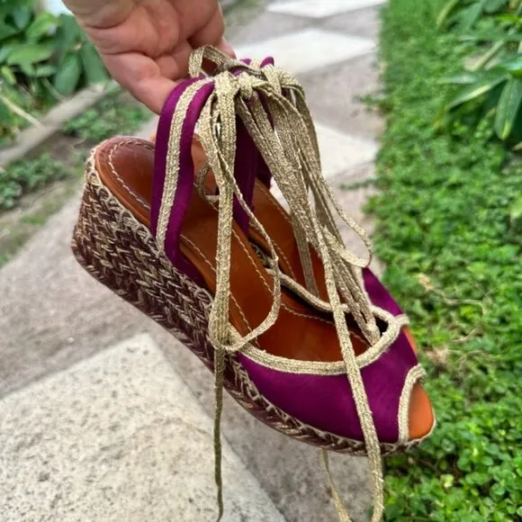 Marc Jacobs Women's Boho Purple Gold Peep Toe Espadrille Platform Shoes Size 37