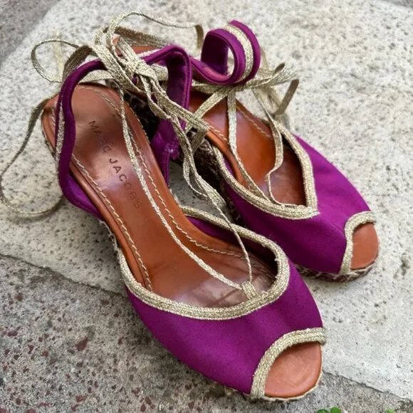 Marc Jacobs Women's Boho Purple Gold Peep Toe Espadrille Platform Shoes Size 37