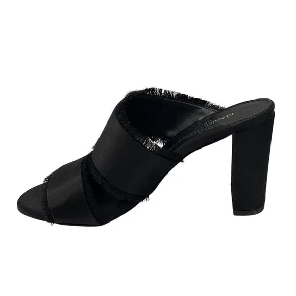 Marion Parke Black Cecilia Fringed Block Heel Satin Sandals