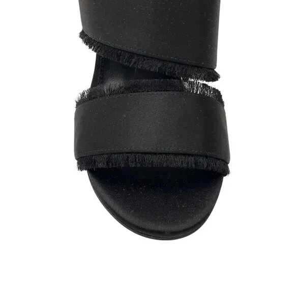 Marion Parke Black Cecilia Fringed Block Heel Satin Sandals