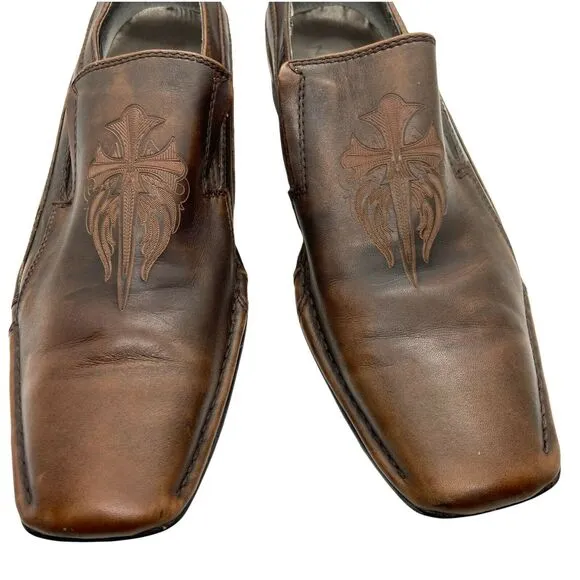 Mark Nason Loafers Shoes Gothic Sword Cross Lounge Brown Leather Square Toe 8.5