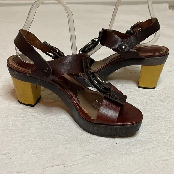 Marni T Strap Brown Leather Platform Sling Back Sandals Size EU 40 US 10