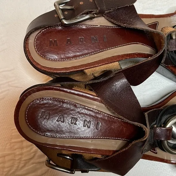 Marni T Strap Brown Leather Platform Sling Back Sandals Size EU 40 US 10