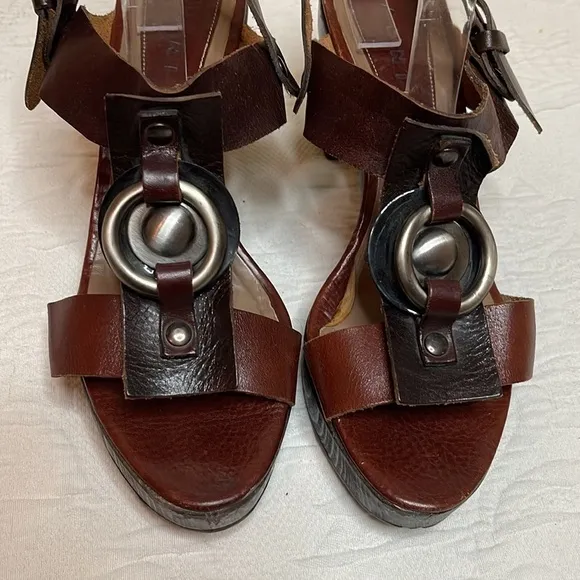 Marni T Strap Brown Leather Platform Sling Back Sandals Size EU 40 US 10