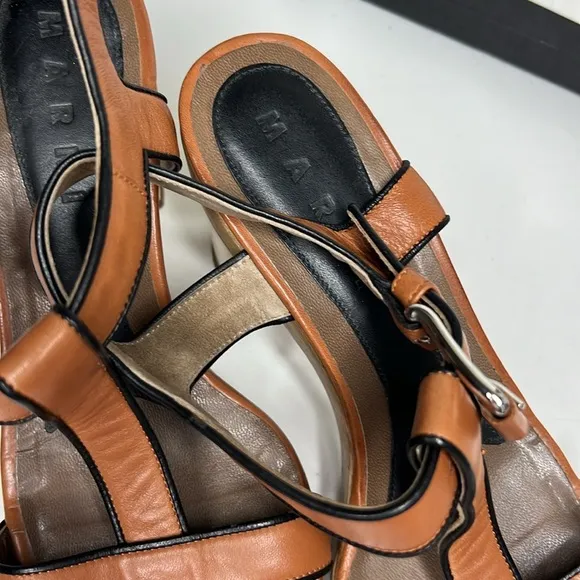 MARNI T-Strap Platform Heeled Sandals Brown/Black Leather Women’s Size 38