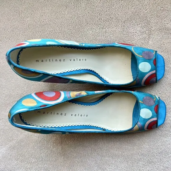 Martinez Valero Turquoise Teal Fabric Peep Toe Pump Multi-Color Dots Women’s 8.5