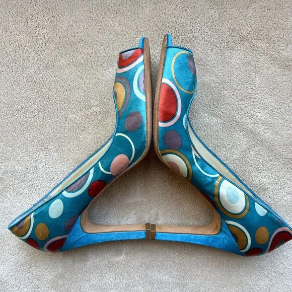 Martinez Valero Turquoise Teal Fabric Peep Toe Pump Multi-Color Dots Women’s 8.5