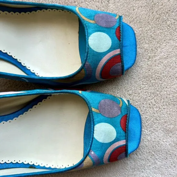 Martinez Valero Turquoise Teal Fabric Peep Toe Pump Multi-Color Dots Women’s 8.5