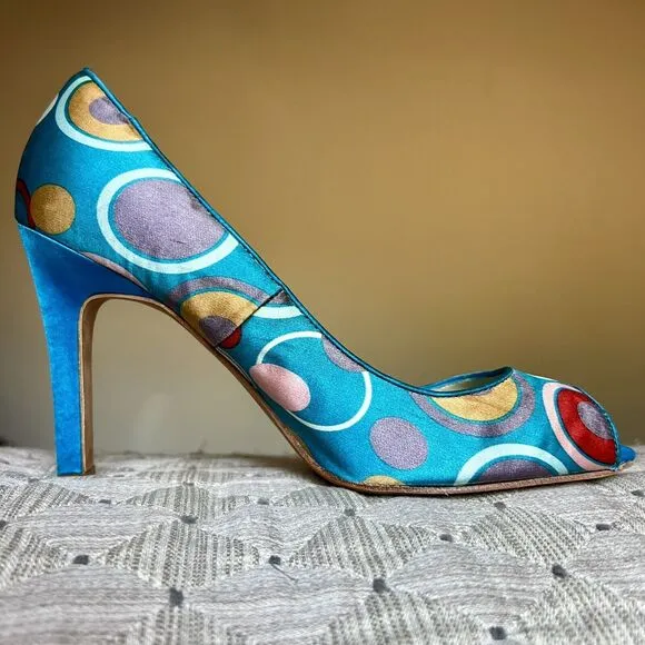 Martinez Valero Turquoise Teal Fabric Peep Toe Pump Multi-Color Dots Women’s 8.5