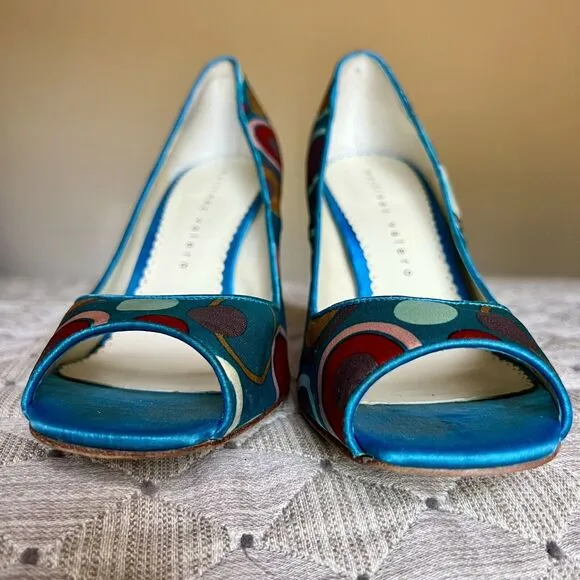 Martinez Valero Turquoise Teal Fabric Peep Toe Pump Multi-Color Dots Women’s 8.5
